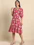 Red Cotton Floral A-line Western Dress